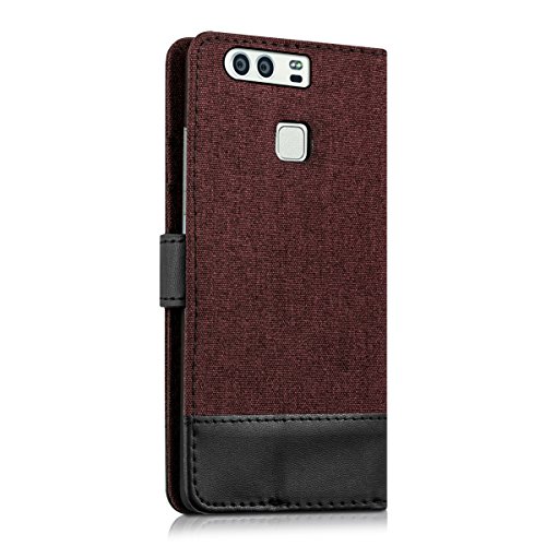 kwmobile Funda para Huawei P9 - Wallet Case plegable de cuero sint  tico - Cover con tapa tarjetero y soporte en rojo oscuro negro