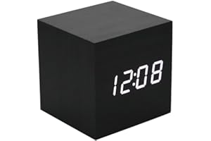 Lancoon Sveglia In Legno - Orologio Digitale Mini Cube A Led Con Display Ora/Data/Temperatura, 3 Livelli Di Luminosità E Controllo Vocale Ideale Per I Viaggi In Ufficio - AC10Black_White