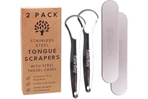Gaia Guy Raschietto per lingua per adulti (confezione da 2), riduce l'alito cattivo (custodia da viaggio in acciaio inclusa), pulisci lingua in acciaio inossidabile, raschietto per lingua in 100%
