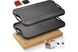 OVERMONT Pre-Seasoned Cast Iron Reversible Griddle Grill Pan with Handles for Gas Stovetop Open Fire Oven, 43.18 * 24.89CM (17x9.8) - One Tray, Scrapers Included