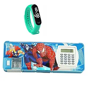 IZU Multipurpose Magnetic Pencil Box with Calculator, Dual Sharpener for Girls & Boys +Digital Watch (Spiderman)