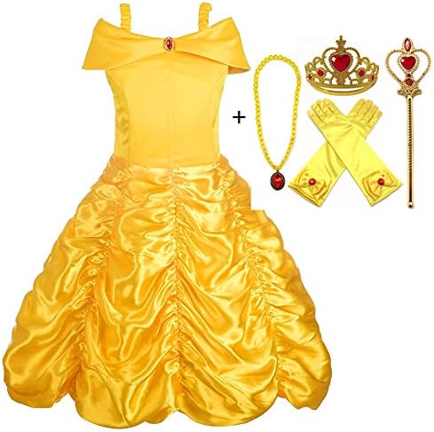 ALEAD Princess Costume Belle Dress and Accessories Gloves, Tiara, Wand and Necklace