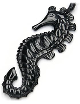 Seepferd Schmuck Anhänger aus Horn, geschnitzte Kette, inkl. schwarzem Textilband, 6cm lang