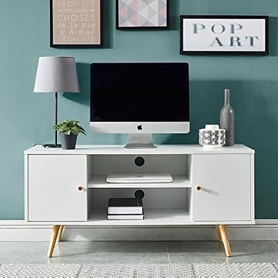 Générique ANNETTE Meuble TV scandinave décor blanc + pieds en bois eucalyptus - L 116 cm