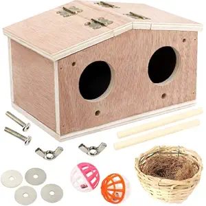 PETNANNY Wooden Bird House Pet Bird Nest Kits Breeding Box Cage Birdhouse Accessories with Bamboo Bird's Nest, A Bag of Coconut Shreds, Bell Toys for Parrots Swallows Small Birds