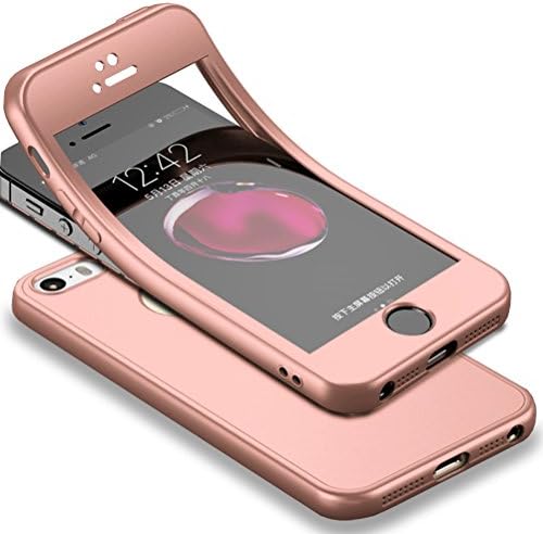 HICASER iPhone SE Full-Body Case Shockproof Soft TPU Matte Finish Slim Cover 2 in 1 Full Coverage Protection with Tempered Glass Screen Protector for iPhone 5 / 5s Rose Gold