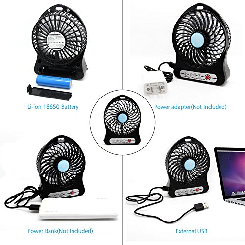 3 Geschwindigkeit Justierbarer Beweglicher Lithium Batterie Ventilator, USB Mini Schreibtisch Ventilator Batterie / USB betriebener beweglicher Ventilator PC Laptop Mac USB Kühlvorrichtung Kühlventilator Tabelle für Büro Haus und Spielraum (Schwarzes) - 3