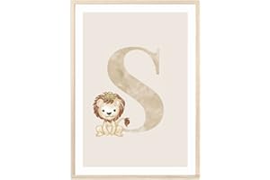 MeinBaby123® Poster con lettere, formato DIN A4, per cameretta dei bambini, decorazione per la cameretta dei bambini, immagini per la cameretta dei bambini, poster con lettera iniziale S (leone, S)