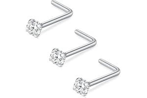 FECTAS Nose Stud L Shape Nose Ring Stud Nose Bar 18G 20G 1.5mm 2mm 2.5mm 3mm L Shaped Nose Piercing Jewellery Stainless Steel Clear Pink Blue Round Star Heart Diamond Silver Gold Black