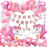 🌸CONJUNTO COMPLETO DE REGALO: Nuestros favores de fiesta de unicornio vienen con una pancarta de HAPPYBIRTHDAY, 2 piezas de globos enormes de unicornio, 16 globos blancos, 1 pancarta de feliz cumpleaños, 1 diadema de unicornio, 4 pompones de papel, 4 globos de corazón, 2 abanicos de papel rosa y 6 remolinos de papel rosa