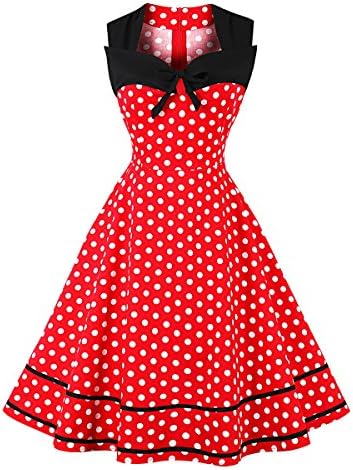 Women Sleeveless Patchwork Polka Dot Bowknot Skirt Retro Vintage 1950s Style Cocktail Party Wedding Homecoming Midi Swing Dress (Large,Red Polka Dots)