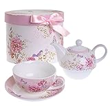Motiv: Blume, Schmetterling und Vogel auf der Teekanne, Tasse und Untertasse; mikrowellengeeignet und spülmaschinenfest.