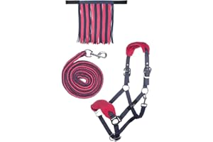 HKM, Horse Halter Set, Lead Rope, Fly Fringe, Knitted, 180 cm, Carabiner, Pony, VB WB, 10733, Grey/pink