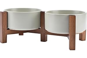 SPUNKYJUNKY Hundenapf Keramik Doppel Hund Futternapf Erhöhte Napf mit Akazienholz Ständer für Katzen und Hunde(850ml, Grau)