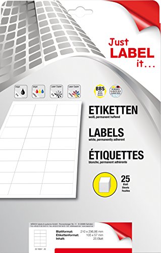 S  lo se LABEL 2510557-25 25 hojas A4 de etiquetas universales para todos los subsistemas de impresi  n  105 x 57 cm blanco