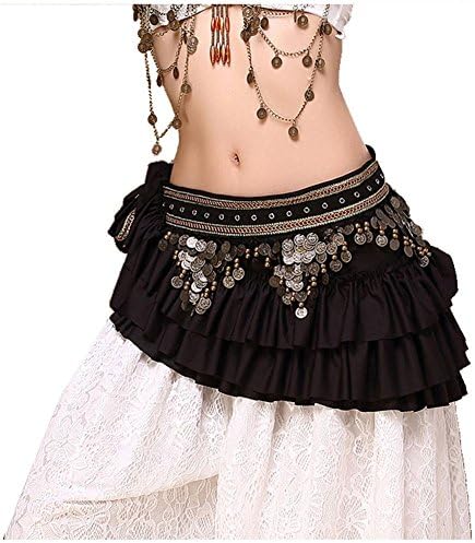 Women Waist Chain Handmade Egypt Belly Dance Retro Satin Copper Coin Hip Scarf Tribal Scarves Wrap Tribal Skirt Belt . Black . One Size