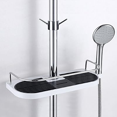 Fontic Acier Inoxydable Réglable Étagère de Douche Télescopique, Organiseur de salle de bain Porte-Savon pour Ranger Shampooing Savon, Montage Sans Perçage pour 19mm-25mm avec one Crochet (acier inoxydable bord rond)