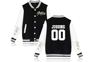 NCTCITY Stray Kids Kpop Sweat-Shirts Veste de Baseball à Manches Longues Boutons Avant Longue Pullover Yellow Wood Manche Loose Loisir Pull Tops Bang Chan Changbin Hyunjin Felix Jeongin Minho Woojin