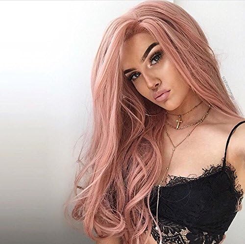 Musegetes Peach Pink Long Wavy Synthetic Lace Front Heat Resistant Long Natural Straight Pastel Wig Synthetic Fiber Hair for Women HS2023