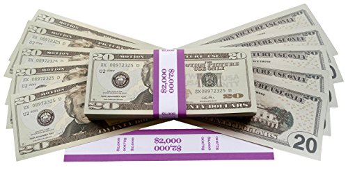 Big Screen Stacks PROP MONEY DOLLARS - $2,000 FULL PRINT 20 DOLLAR BILLS, in Authentic Bank Strap. For Movies, Films, Money Guns Cash Cannon Play Fake Money, Party's, Casino Games