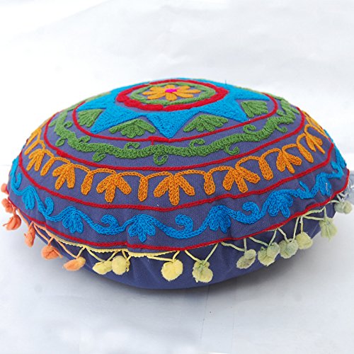 handicraftofpinkcity Ottoman rund Suzani bestickt Kissenbezug Kissen, rund mit Pom Pom