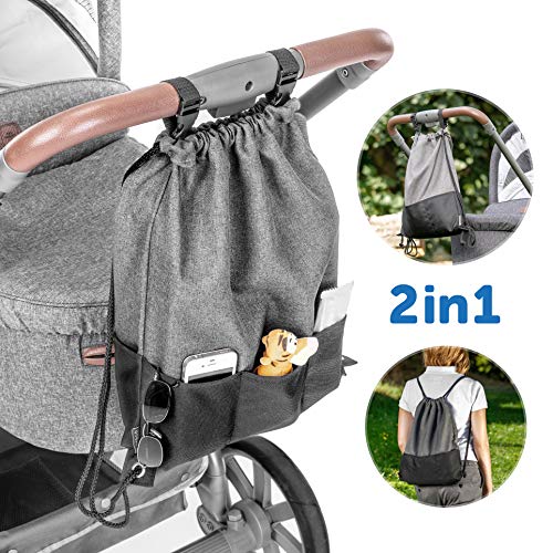 Zamboo Bolsa Ligera Silla de paseo - Bolso Panera Universal/Organizador Carrito con ganchos | Pequeño bolso cambiador/Mochila para pañales - Gris Negro Mochila para pañales - Gris Negro