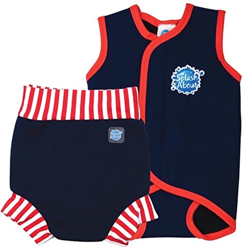 Splash About Boys Baby Wrap and Matching Happy Nappy (Small Wrap 0-6m, Medium Nappy 3-8m, Navy with Red)