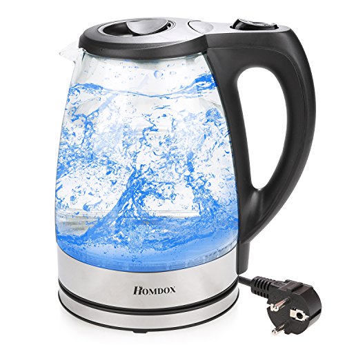 Homdox Wasserkocher Glas Edelstahl Blaue LED Beleuchtung 1,7 Liter, 2200 Watt Maximal, Elektrische Wasserkessel Automatische Abschaltung