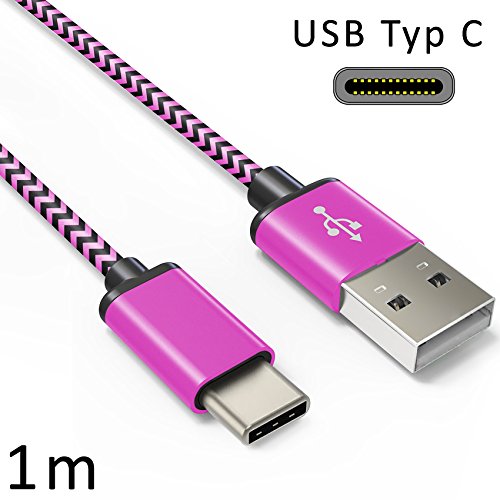 Original COVERLOUNGE - Nylon USB Typ C Kabel / Datenkabel / Ladekabel [2.1 A] für alle Samsung Smartphones mit USB Typ C Anschluss | Farbe: pink | Länge: 1 Meter / 1m