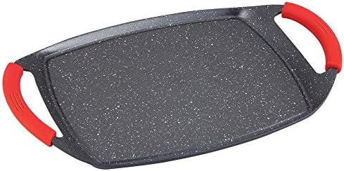 ALUMINIUM STONE GRIDDLE COATED IN MARBLE WITH SILICONE HANDLES - 47X29cm SUITABLE FOR GAS, ELECTRIC, VITRO AND INDUCTION - RED