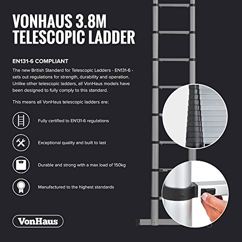 VonHaus 3,8 m Soft Close Aluminium Ausziehbare Teleskopleiter – Hochbelastbar - 6