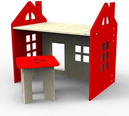 unique wooden desk chair/stool set for children also dollhouse (red)