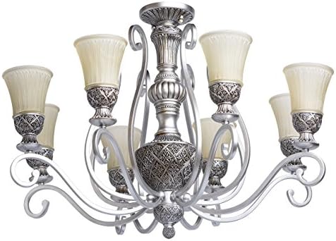 Luxurious antique Ceiling chandelier of xl size silver metal colour matt white riffle glass shades for a country house hallway or living room compact but triumphant 8-bulb diametre 95cm excl. E27 8x60W 230V 8*60W E27