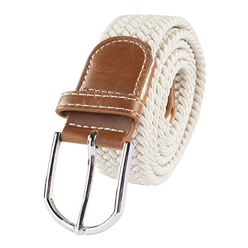 BLT108-Off-white Canvas Elastic Stretch Belt With Real Leather Tips