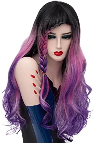 SHKH Women's Beautiful Mixed Colors Loose Wavy Long Hair Wig with Pigtails Fringe for Cosplay Halloween Christmas Parties Multi-color optional , 02
