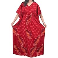 Mogul Interior Womens Caftan Maxi Dress Cotton Printed Red Nightgown One Size
