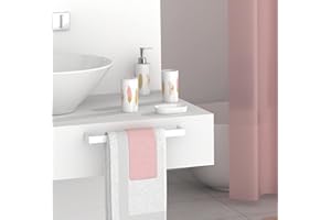 FurnitureXtra Modern Design 7 Piece Plastic Bathroom Accessory Set, Soap Dish, Tooth Brush Holder, Soap Dispenser, Tumbler, Shower Curtain, Curtain Rings and Bathmat (Pink)