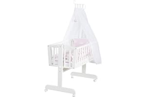 roba Babywiege 40 x 90 cm Kleine Wolke aus Holz - Stubenwagen & Wiege - Bett Set komplett mit Feststellfunktion - Wolken Motiv in Rosa - Inkl. Ausstattung - Holz weiß