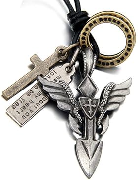 Oidea Herren Halskette mit Anhänger, Leder Kette Halsband mit Armee Schild Hundmarke Dog Tag Kreuz Ringe Legierung...