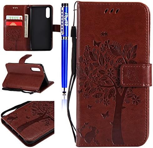 Leather Case for Huawei P20,Huawei P20 Flip Case,EUWLY [Butterfly Tree Flower Cat Pattern] Ultra Slim Leather Flip Stand Case Cover Shockproof Magnetic Bookstyle Strap Wallet Case Cover with Card Holder for Huawei P20 + 1 x Stylus Pen- Light Brown
