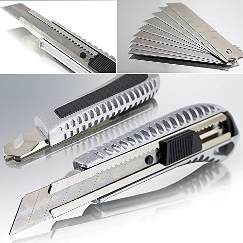 10 Alu Cuttermesser Teppichmesser Kartonmesser Aluminium inklusive 10 Stahl Ersatzklingen 18mm