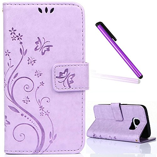 Galaxy S7 Hülle,Samsung Galaxy S7 Hülle Case Flower Ledertasche Schutzhülle Cover Etui Tasche,Samsung Galaxy S7 Hülle Leder,EMAXELERS Samsung Galaxy S7 Hülle Glitzer,Galaxy S7 Case Blumen Schmetterling Muster PU Leder Brieftasche Hülle Flip Wallet Case Cover für Galaxy S7,Bookstyle Hüllen Etui Lederhülle mit Standfunktion und Karten-Slots für Samsung Galaxy S7,Light Purple Butterfly