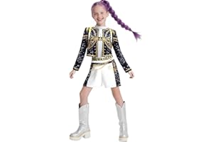 Runstarshow Kpop Hunters Costume Kids Girls Halloween Demon Costumes Teen Girl Stage Outfit 3PCS Pop Singer Coat,Shorts & T-Shirt Christmas Carnival Dress Up Age 2-14 Years