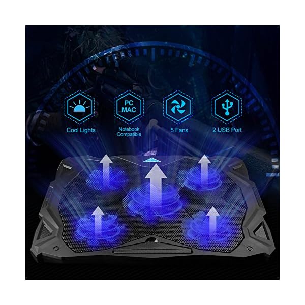 TECKNET Cooling Fan for Laptop，Laptop Cooling Pads With 5 Fans for 12"-17",Speed Adjustable,Ergonomic Comfort Notebook Cooler with USB Ports - Image 3