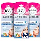 Maxi formato con 60 bandas Veet Bandas de Cera Depilatoria Facial para Piel Sensible - Paquete de 3 x 20 unidades - Total: 60 unidades