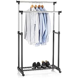 IDIMEX Portant penderie vestiaire sur roulettes Grosso avec 2 tringles Hauteur réglable et Tablette Basse pour Rangement Chaussures, Structure en métal chromé et Plastique Noir