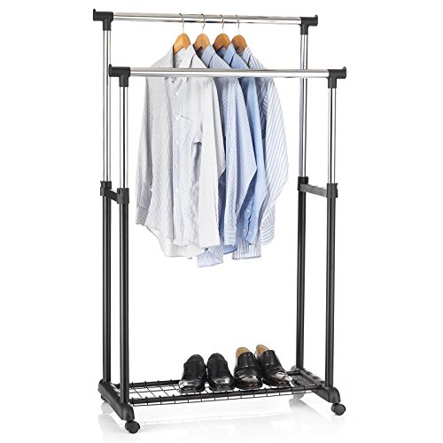 IDIMEX Portant penderie vestiaire sur roulettes Grosso avec 2 tringles Hauteur réglable et Tablette Basse pour Rangement Chaussures, Structure en métal chromé et Plastique Noir