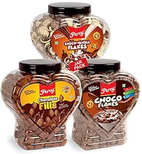 Percy Chocolaty Breakfast Combo (Choco Flakes, Chocolate Fills, Choco Vanilla Flakes Cereals), 3 Jumbo Jars, 1300 g