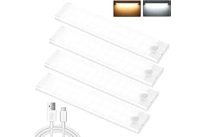 SHIRYLZEE Under Cupboard Kitchen Lights,4 Pack 44 LEDs 3 Modes Motion Sensor Under Cabinet Lights,2000mAh USB Type-C Rechargeable Dimming Wardrobe Light,2 Color Temps Closet Light for Stairs