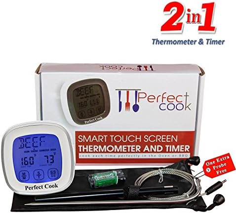 Perfect Cook - Digital Touch Screen Oven Meat Thermometer &amp; Timer, with Best Stainless Steel Probe to Leave in Oven, BBQ Cooking, Grilling, Turkey or Smoker And Easy to Use Countdown Kitchen Timer (Silver)